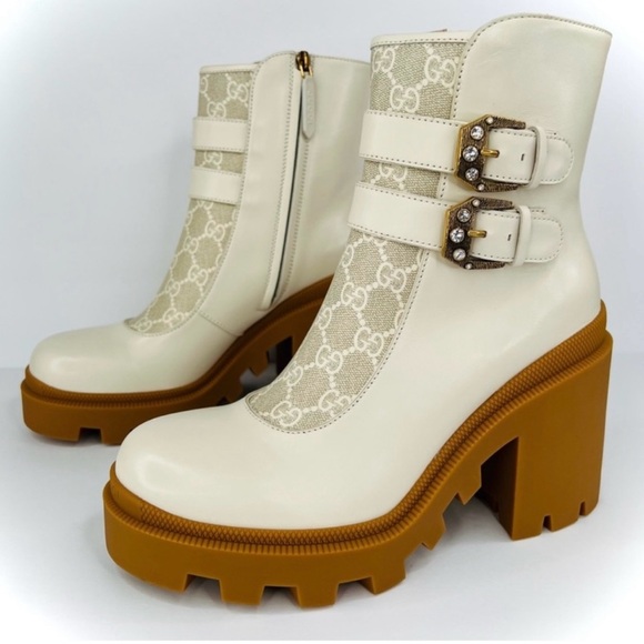 GUCCI Kensington GG Supreme Leather Crystal Buckle Platform Ankle Boots EU 40.5 - Picture 4 of 4